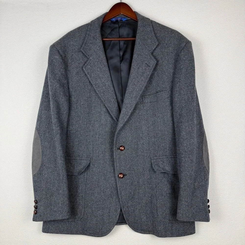 Pendleton Sport Coat Mens 44 Gray Herringbone Virgin Wool Elbow Patch Blazer